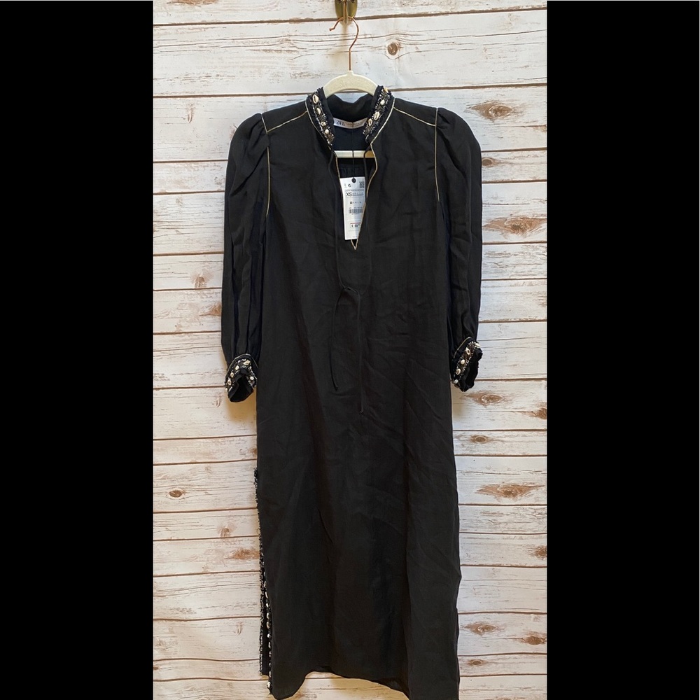 Zara Black Embellished Long Sleeve Midi Dress
